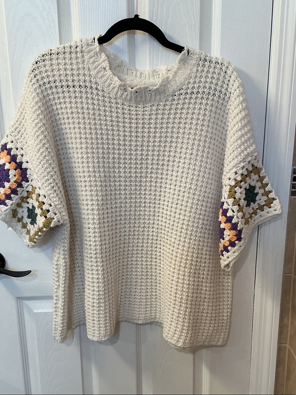 Universal Thread Cream Waffle Knit Top with Purple and Olive Crochet Sleeves